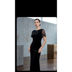 Vintage Robbie Bee Velvet Maxi Dress Womens Sz 14 Black Short Sleeve Tie waist